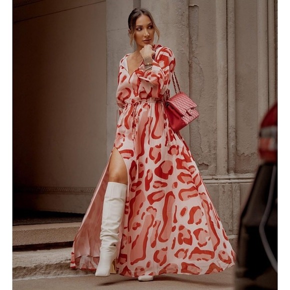 By Egreis Dresses & Skirts - BY EGREIS Puff Sleeve‎ Slit Maxi Dress Womans Small Leopard Print Sumer Beach